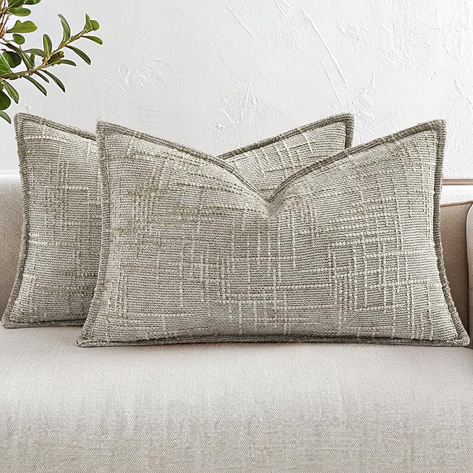 decorUhome Chenille Throw Pillow Covers 12x20 Set of 2, Thick Textured Slubby Neutral Decorative Pillow Covers with Elegant Design for Couch, Sofa, Living Room, Light Brown