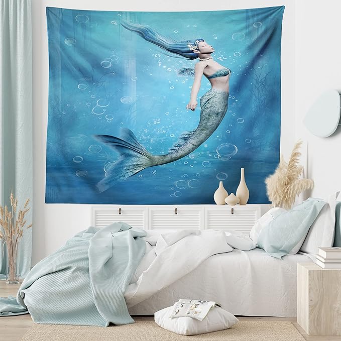 Ambesonne Underwater Tapestry King Size, Mermaid Fishtail Floating Bubbles Mythical Creature Ocean Life Art Print, Wall Hanging Bedspread Bed Cover Wall Decor, 104" X 88", Blue Gray