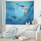 Ambesonne Underwater Tapestry King Size, Mermaid Fishtail Floating Bubbles Mythical Creature Ocean Life Art Print, Wall Hanging Bedspread Bed Cover Wall Decor, 104" X 88", Blue Gray