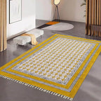 Area Rugs for 4x6 Bedroom Kilim Rug Floral Design Hand Block Printed Cotton Dhurrie Yellow Beige Handmade Boho Flatweave Thick 0.27" Indoor Outdoor Rugs for Living Room Hall Room Idea