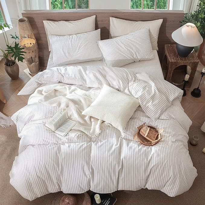 MooMee Striped Duvet Cover Set 100% Washed Cotton Linen Like Textured Breathable Durable Soft Comfy (White Orange Wide Stripes, Oversized Queen 98"x98")
