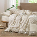 MooMee Gingham Duvet Cover Set 100% Washed Cotton Linen Like Textured Breathable Durable Soft Comfy Modern Checkered Design (Almond Milk Grey Gingham, King 104"x90")