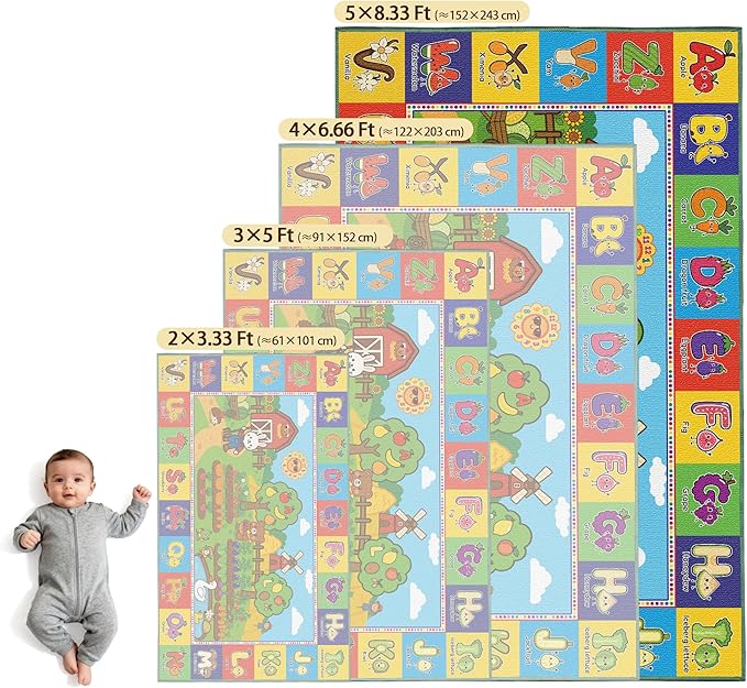 Upgrade Ultra Non Slip Kids ABC Rug for Kids Playroom, 5x8 Washable Alphabet Educational Learning Play Mat for Toddlers Baby Boys Girls, Colorful Farm Carpet for Nursery, Classroom & Bedroom, 60"x96"