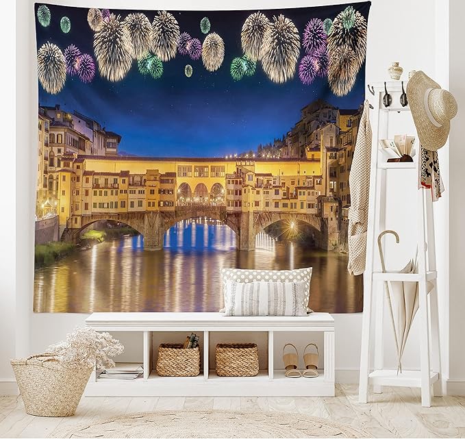 Ambesonne Landscape Tapestry King Size, Night Panoramic View Vecchio Bridge Florence Italy Colorful Fireworks, Wall Hanging Bedspread Bed Cover Wall Decor, 104" X 88", Purple Yellow