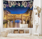 Ambesonne Landscape Tapestry King Size, Night Panoramic View Vecchio Bridge Florence Italy Colorful Fireworks, Wall Hanging Bedspread Bed Cover Wall Decor, 104" X 88", Purple Yellow
