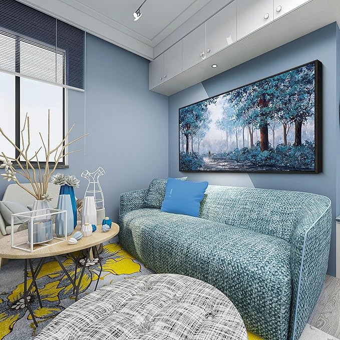 KLAKLA Black Frame Border Bedroom Art - Prussian Blue Tree Wall Art for Living Room Framed Artwork Blue Leaves Plant Forest Wall Decor Canvas Wall Art for Office Home Decor