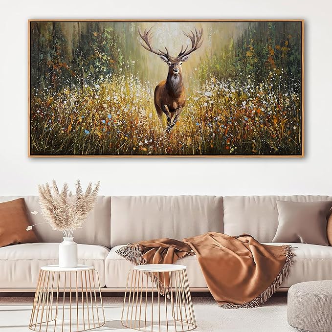 XLSJERST Country Wall Decor Poster 58x29 Inches - Elk Picture Hunting Artwork Large Canvas Picture Brown Deer Wall Art for Living Room Guest Bath Decoration