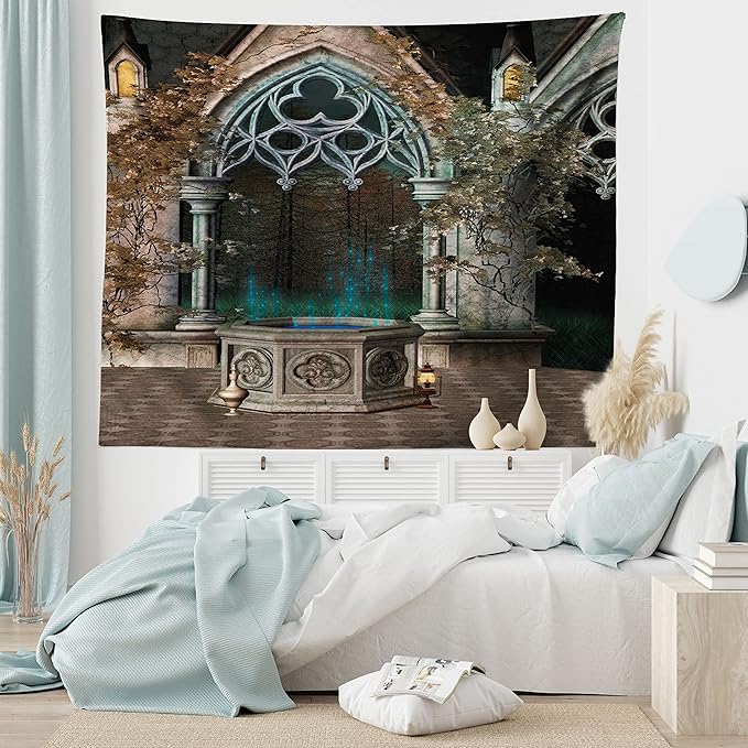 Ambesonne Gothic Tapestry, Patio with Enchanted Wishing Well Ivy on Antique Gateway to Forest, Wide Wall Hanging for Bedroom Living Room Dorm, 80" X 60", Taupe Green