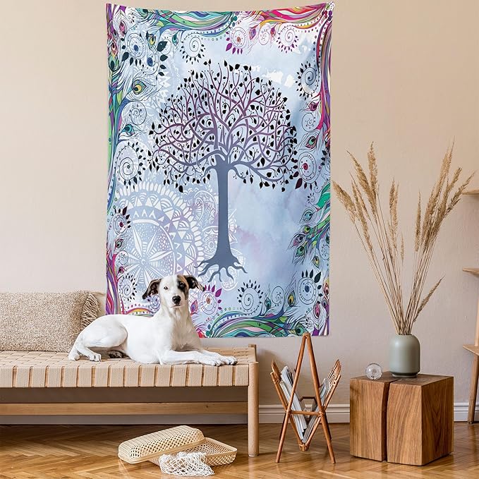 Ambesonne Nature Tapestry, Tree of Life Motif Peacock Feathers Tribal Vintage Prehistoric Flora Illustration, Wall Hanging for Bedroom Living Room Dorm Decor, 40" X 60", Blue