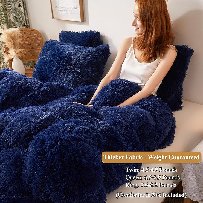 XeGe Plush Shaggy Duvet Cover Set, Luxury Ultra Soft Crystal Velvet Fluffy Bedding Sets 3 Pieces(1 Furry Faux Fur Comforter Cover + 2 Fuzzy Faux Fur Pillowcases), Zipper Closure(King, Navy Blue)