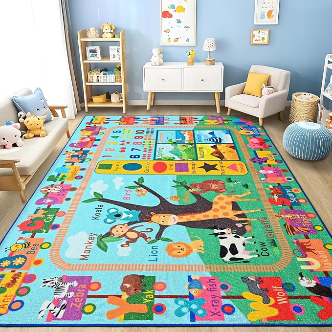 Kids Rug for Playroom, 4x6 ABC Educational Carpet for Classroom, Fun Alphabet Area Rugs for Learn Numbers Season Animal Weather and Shapes Playmat for Girls Boys Room Nursery Decor