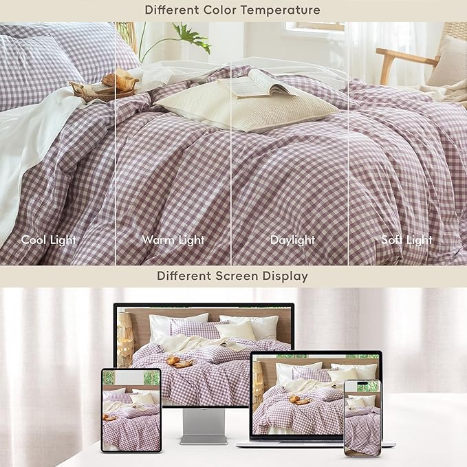 MooMee Gingham Duvet Cover Set 100% Washed Cotton Linen Like Textured Breathable Durable Soft Comfy Modern Checkered Design (Classic Gingham Light Purple, Full 80"x90")