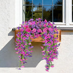 Artificial Hanging Flowers for Outdoors, 4 PCS UV Resistant Faux Plants Silk Realistic 150 Morning Glory Each Vines, Fake Plastic Floral for Garden Patio Spring Summer Decor, Fuchsia & LightPurple