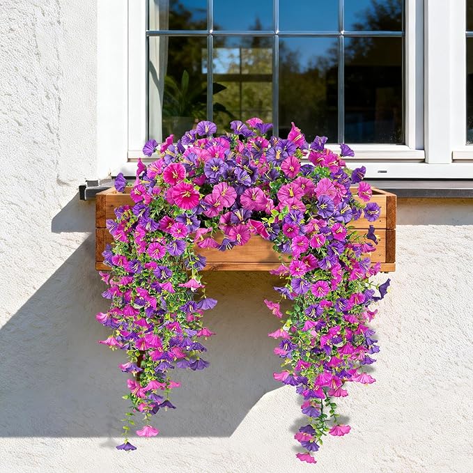 Artificial Hanging Flowers for Outdoors, 4 PCS UV Resistant Faux Plants Silk Realistic 150 Morning Glory Each Vines, Fake Plastic Floral for Garden Patio Spring Summer Decor, Fuchsia & LightPurple