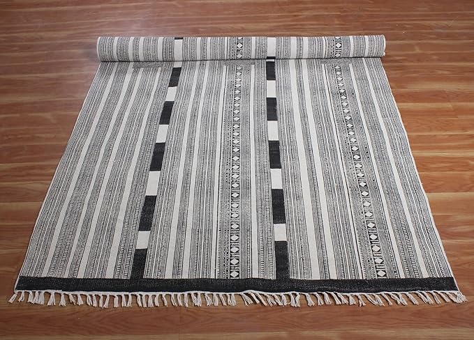Area Rug 4' Square Rug Gray & Beige Cotton Dhurrie Striped Thick 0.19 inches Stone Easy Washable Rug Hand Wash Cotton Carpet Flatweave Rug Indoor Outdoor Rugs for Kitchen, Bedside, Enterway