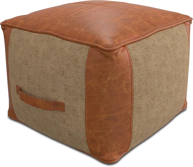 SIMPLIHOME Atkinson Boho Square Pouf in Tan Genuine Leather for the Living Room, Bedroom and Kids Room