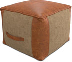 SIMPLIHOME Atkinson Boho Square Pouf in Tan Genuine Leather for the Living Room, Bedroom and Kids Room