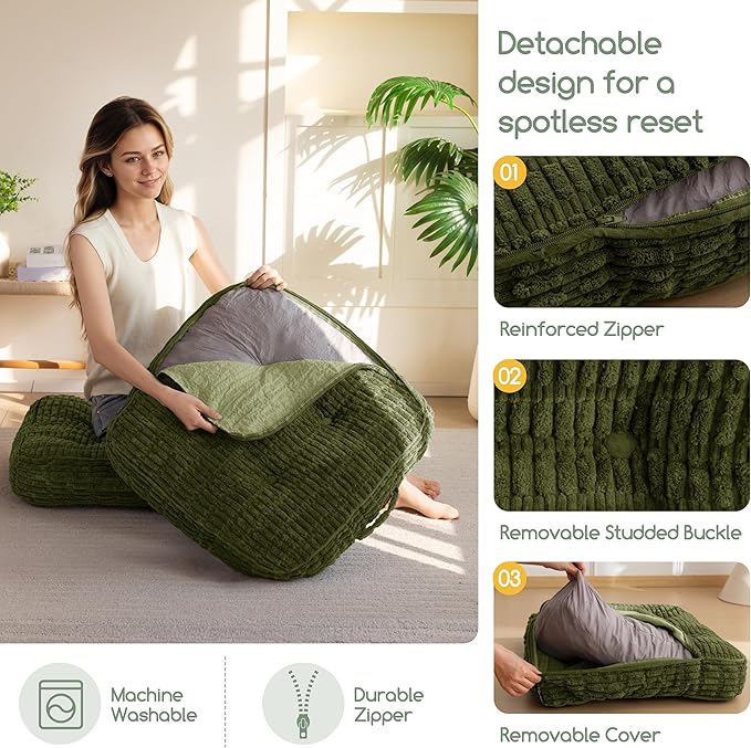 Washable Floor Pillow Cushion for Adults, Meditation Cushion Pillow, Removable Tufted Blended Corduroy Cover, Large Square Floor Sitting for Tatami Living Room or Yoga, 22x22 Inch, Machine Washable