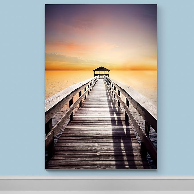 Renditions Gallery Canvas Nature Wall Art Home Paintings & Prints Serene Sunset Dock Romantic Glam Modern Wall Hanging Decorations for Bedroom Living Room Office Kitchen - 18"x27" LT06