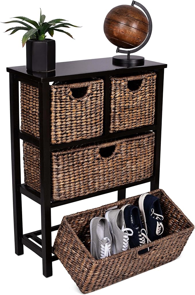 BIRDROCK Home Seagrass Cubby Dresser | 4 Drawer Bins | Decorative Wood Storage Cubbies Shelf Organizer | Industrial Furniture Chest Basket | Espresso
