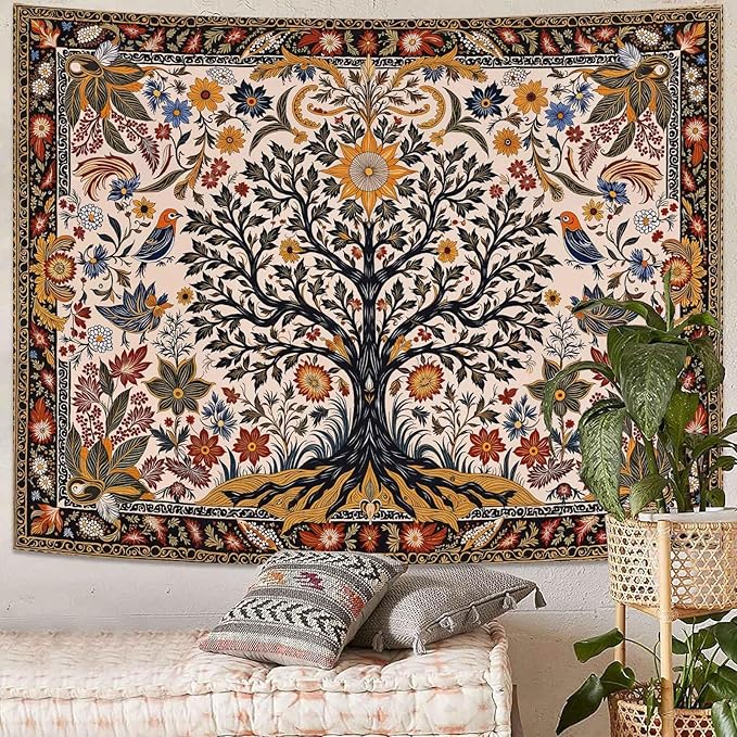 Lunerfex Folk Art Wall Tapestry - Tree of Life with Sun and Bird Wall Hanging for Bedroom and Living Room - Boho Floral Tapestries 60"x44"
