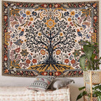 Lunerfex Folk Art Wall Tapestry - Tree of Life with Sun and Bird Wall Hanging for Bedroom and Living Room - Boho Floral Tapestries 60"x44"