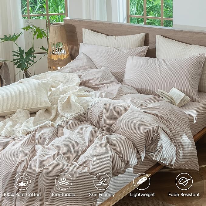 MooMee Striped Duvet Cover Set 100% Washed Cotton Linen Like Textured Breathable Durable Soft Comfy (Orange Pinstripes, Oversized Queen 98"x98")