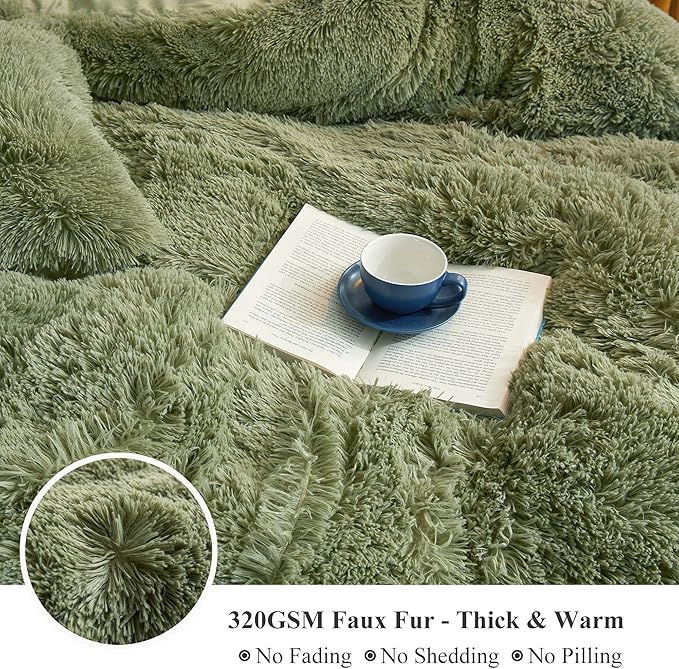 XeGe Plush Shaggy Duvet Cover Set, Luxury Soft Crystal Velvet Fluffy Furry Bedding Sets 3 Pieces(1 Faux Fur Fuzzy Comforter Cover + 2 Faux Fur Throw Pillow Shams), Zipper Closure (King, Sage Green)