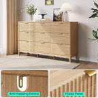 LINSY Fluted Dresser for Bedroom with 9 Drawers, Mid Century Modern Chest of Drawers with Gold Metal Handles, Wide Boho Wood Dressers, Large Farmhouse Storage Cabinet for Bedroom, Living Room, Oak