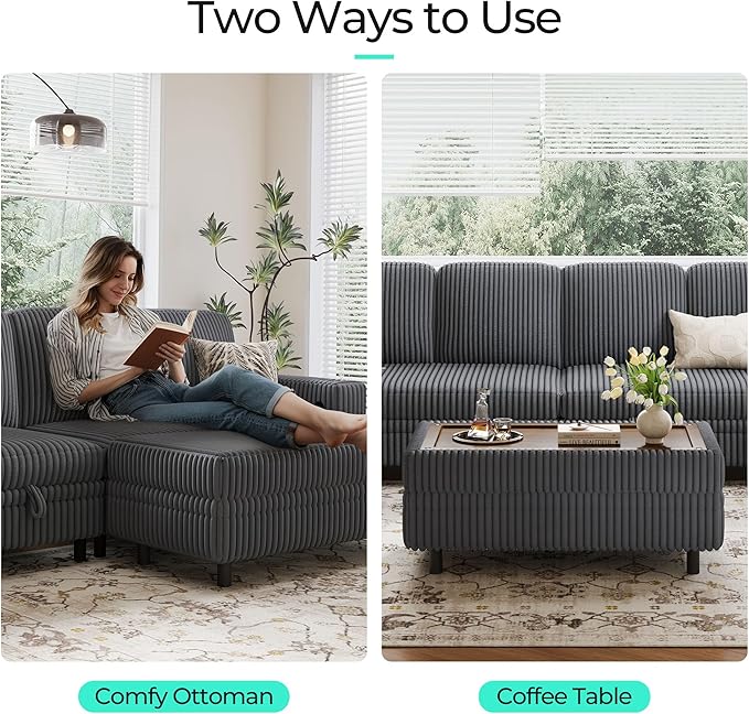 LINSY HOME Sectional Sleeper Sofa Storage Ottoman Bench, Convertible Coffee Table Plush Corduroy Couch Ottoman Footstool for Living Room, Bedroom Entryway and Family Room, Grey