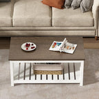 ChooChoo Coffee Table, Rustic Farmhouse Table with Shelf for Living Room, Vintage Finish White