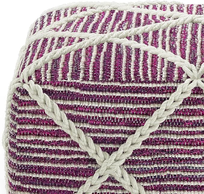 SIMPLIHOME Cowan Contemporary Square Pouf in Magenta and Natural Handloom Woven for the Living Room, Bedroom and Kids Room
