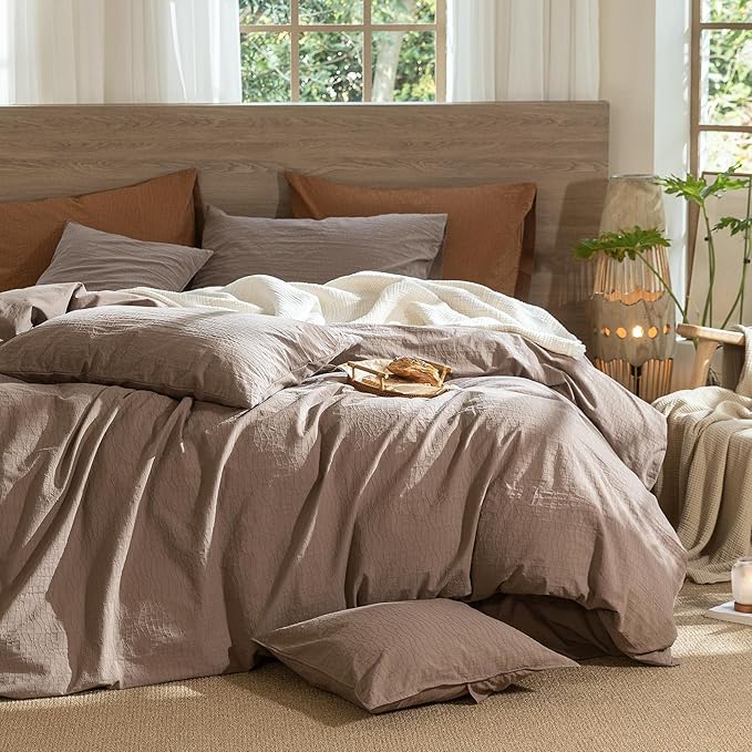 MooMee Wavy Striped Duvet Cover Set 100% Washed Cotton Linen Like Textured Breathable Durable Soft Comfy (Brown, Super King 108"x98")