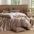 MooMee Wavy Striped Duvet Cover Set 100% Washed Cotton Linen Like Textured Breathable Durable Soft Comfy (Brown, Palatial King/Oversized King 120"x98")