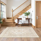 3x5 Washable Area Rug for Entryway, Kitchen Rugs Non Slip for Dining Room, Vintage Floral Soft Living Room Rug, Thin Area Rug Indoor for Bedroom, Kids Room Decor(Cream/Beige,3'x5')