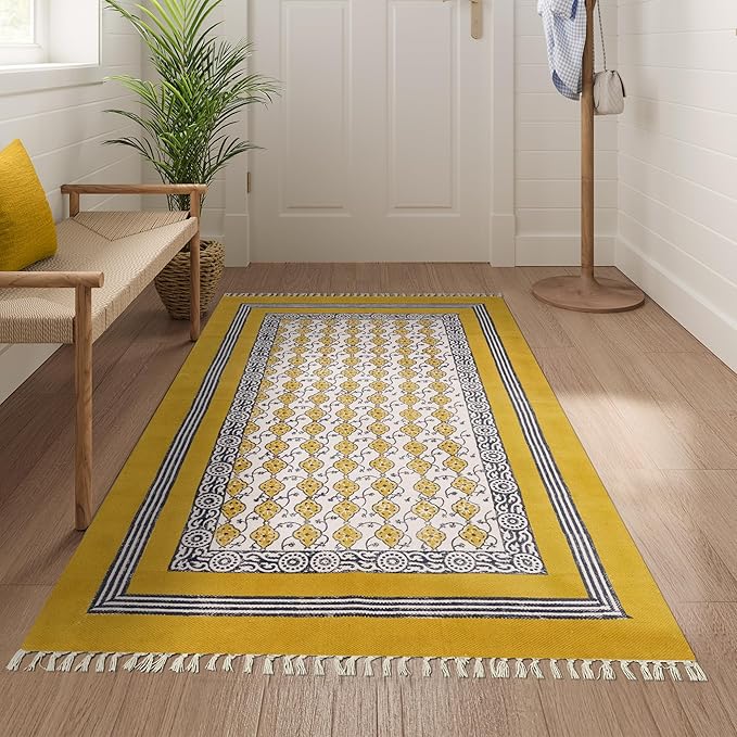 Kilim Area Rugs for 3x5 Feet Floral Design Yellow Beige Hand Block Printed Cotton Rug Handmade Boho Use Flatweave Dhurrie Indoor Outdoor Rugs for Bedside Kitchen Enterway for Home
