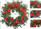 Huashen 24 Inch Blossom Cabbage Rose Wreath, Flame Red & Burgundy Flower Ivy, Everyday Farmhouse Wreath for Festival Celebration, Front Door, Wall, Window Hanging