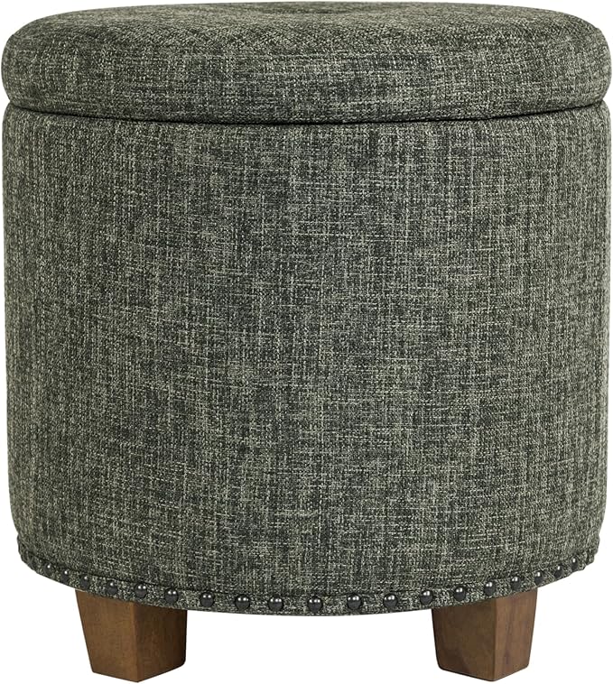 Homepop Home Decor | Upholstered Round Storage Ottoman with Nailheads| Ottoman with Storage for Living Room & Bedroom, Green Clover Fabric