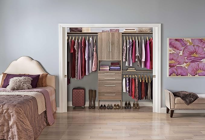 ClosetMaid SuiteSymphony Wood Closet Organizer Kit with Tower, 3 Hang Rods, Top Shelves, 4 Drawers, Doors, Adjustable, Fits Spaces 6 - 10 ft. Wide, Natural Grey