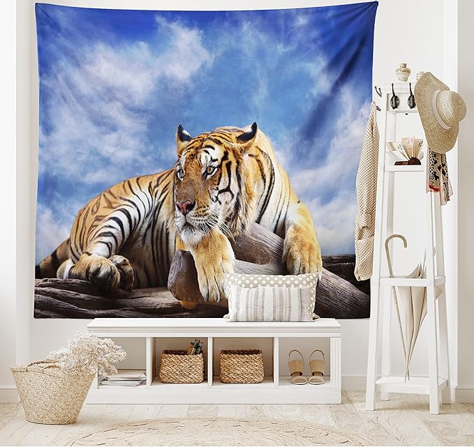 Ambesonne Savannah Tapestry King Size, Tiger Sitting on Wood Clear Blue Sky Wildlife Morning Stripes Predator, Wall Hanging Bedspread Bed Cover Wall Decor, 104" X 88", Blue Mustard Black