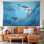 Ambesonne Underwater Tapestry King Size, Mermaid Fishtail Floating Bubbles Mythical Creature Ocean Life Art Print, Wall Hanging Bedspread Bed Cover Wall Decor, 104" X 88", Blue Gray