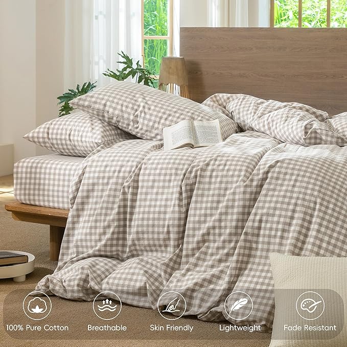 MooMee Gingham Duvet Cover Set 100% Washed Cotton Linen Like Textured Breathable Durable Soft Comfy Modern Checkered Design (Tannish Linen Grey Gingham, Queen 90"x90")