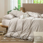 MooMee Gingham Duvet Cover Set 100% Washed Cotton Linen Like Textured Breathable Durable Soft Comfy Modern Checkered Design (Tannish Linen Grey Gingham, Queen 90"x90")