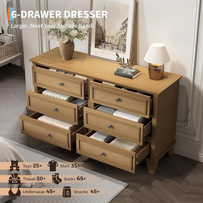GarveeHome Farmhouse Brown Dresser for Bedroom with 6 Drawer, Double Dresser TV Stand with Vintage Handle, Wide Wood Dressers & Chests of Drawers, 6 Drawer Dressers for Bedroom, Living Room, Hallway