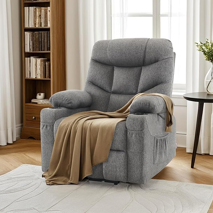 MCombo Power Lift Recliner Chair with Extended Footrest for Elderly People, Fabric 7287/7087 (Dark Gray, Medium)