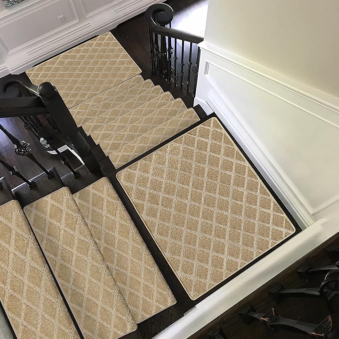 PURE ERA Bullnose Carpet Stair Treads Set Tape Free Non-Slip Indoor Stair Protectors Pet Friendly Rugs 9.5" x 30"(2 Pieces,Khaki Diamond Trellis)