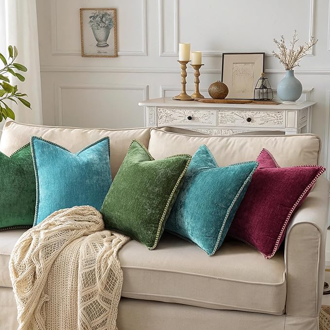 decorUhome Spring Chenille Soft Cozy Throw Pillow Covers 18x18 Set of 2, Modern Farmhouse Boho Velvet Decorative Pillow Cases with Stitched Edge for Couch Sofa Bed Home Decor, Green