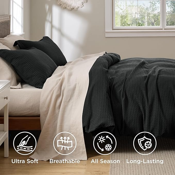 Bedsure Luxury Waffle Duvet Cover King Size - Textured Duvet Cover Set, Soft, Breathable Bedding Set (104"x90") with 2 Pillow Shams for All Season, Black, Comforter Not Included