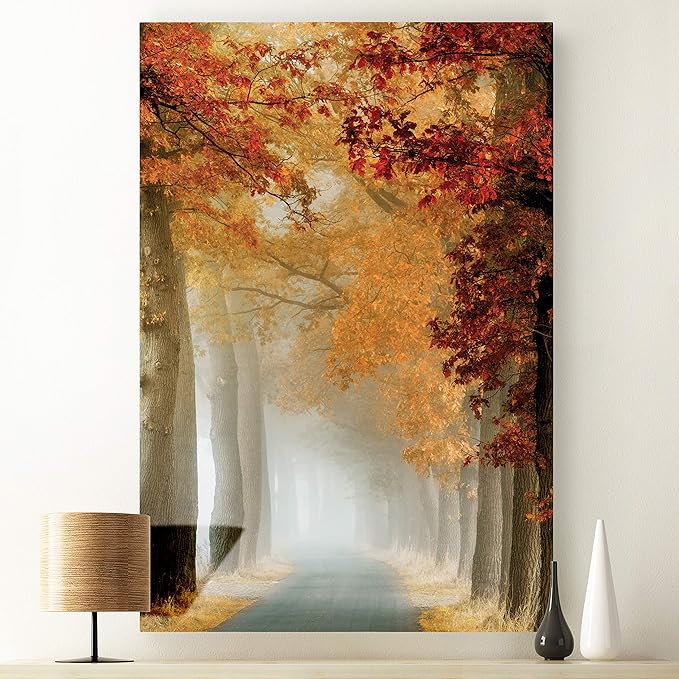 Renditions Gallery Canvas Nature Wall Art Home Paintings & Prints Misty Autumn Forest Avenue Romantic Modern Wall Hanging Decorations for Bedroom Living Room Office Kitchen - 24"x36" LT06