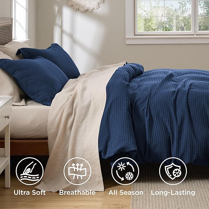 Bedsure Luxury Waffle Duvet Cover King Size - Textured Duvet Cover Set, Soft, Breathable Bedding Set (104"x90") with 2 Pillow Shams for All Season, Navy Blue, Comforter Not Included